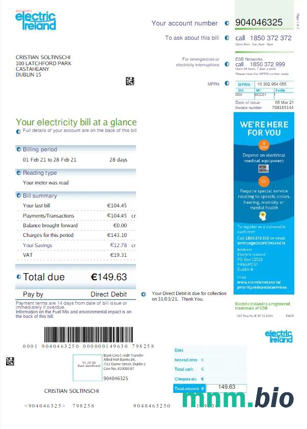 Ireland Electric Ireland rachunek za media Word i PDF template